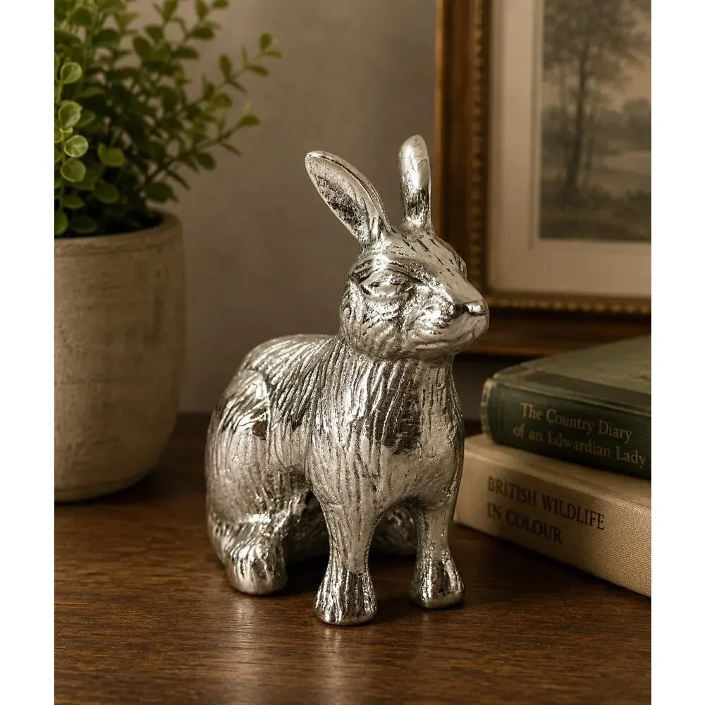 Cast Aluminum Rabbit Hare Figurine Silver Metal Sculpture 4.5”